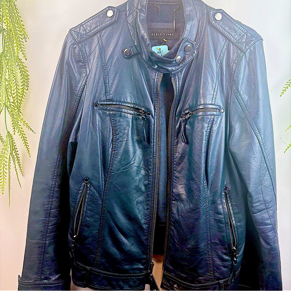 Black Rivet blue leather-like (but polyurethane) jacket size large